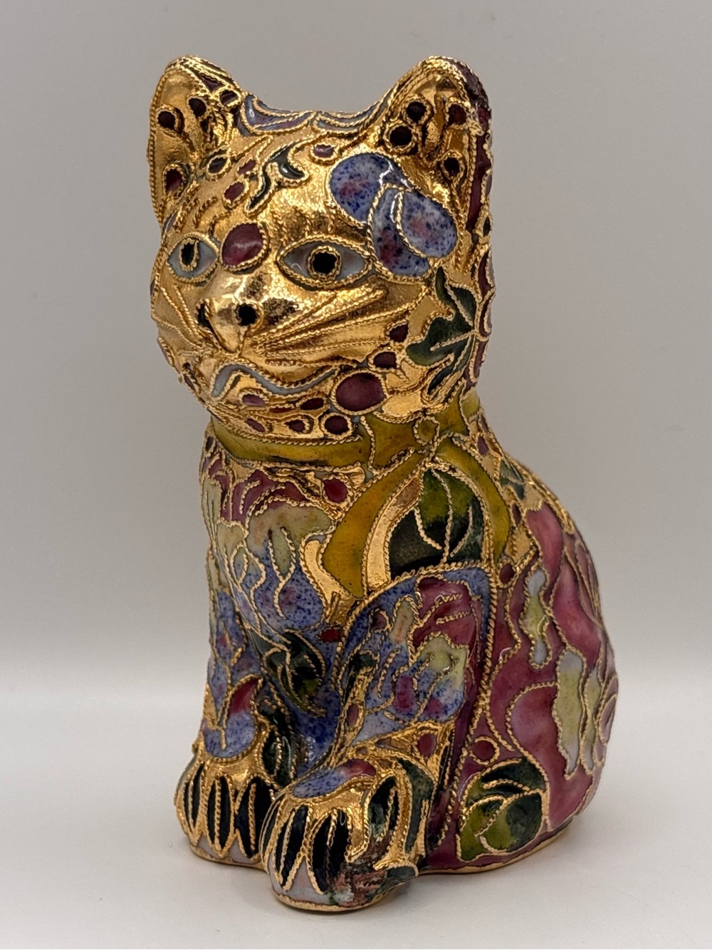 Vintage NYCO Cloisonné Enamel Cat Figurine w Gold-Tone Wirework & Floral Details